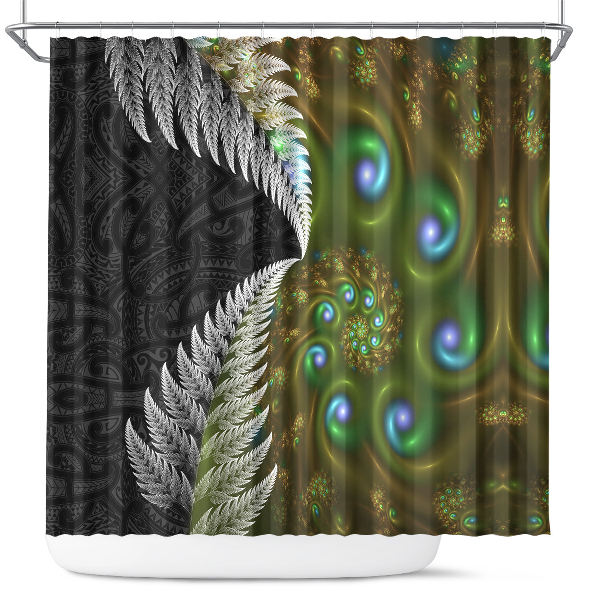 New Zealand Shower Curtain Koru Abstract Art and Silver Fern Maori Pattern