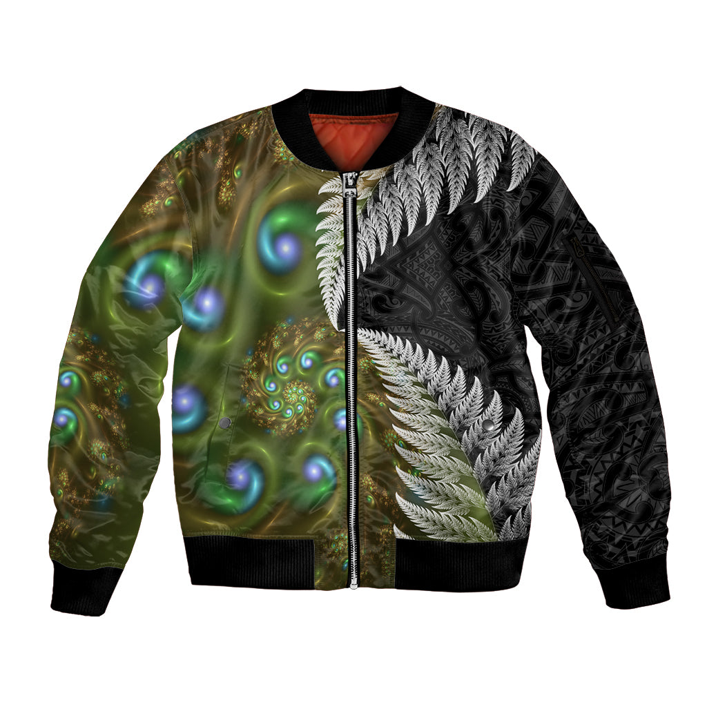 New Zealand Sleeve Zip Bomber Jacket Koru Abstract Art and Silver Fern Maori Pattern LT03 Unisex Green - Polynesian Pride