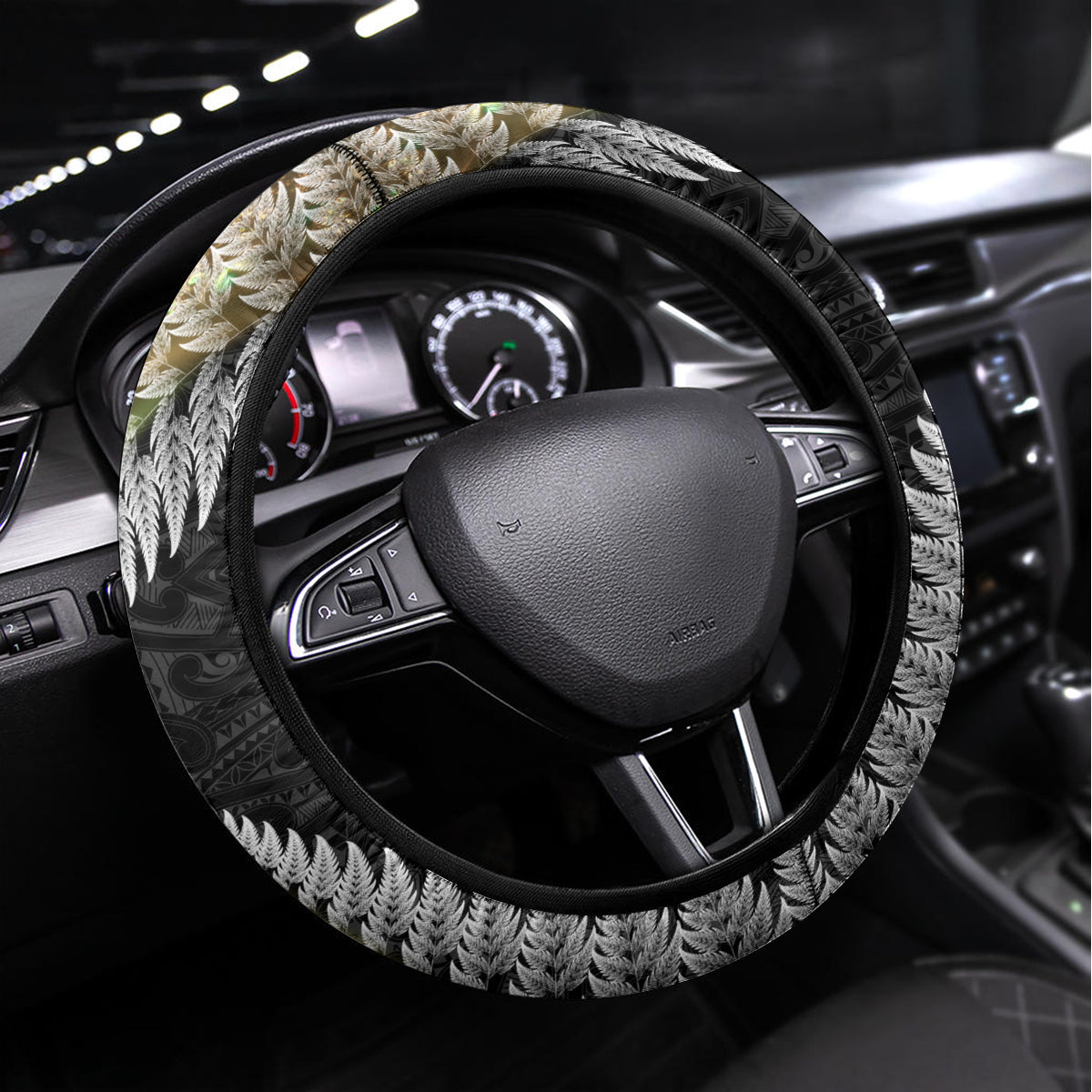 New Zealand Steering Wheel Cover Koru Abstract Art and Silver Fern Maori Pattern