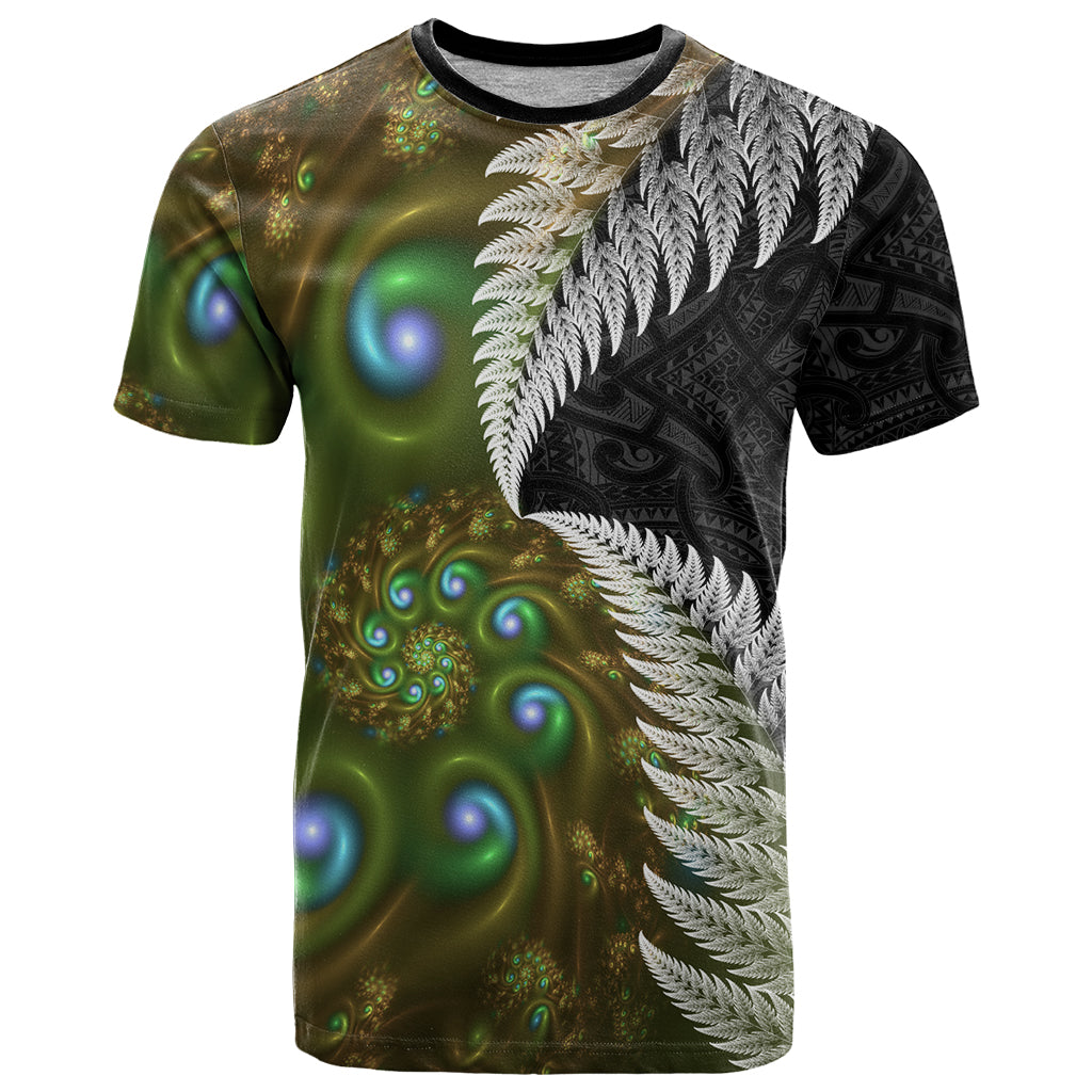 New Zealand T Shirt Koru Abstract Art and Silver Fern Maori Pattern LT03 Green - Polynesian Pride