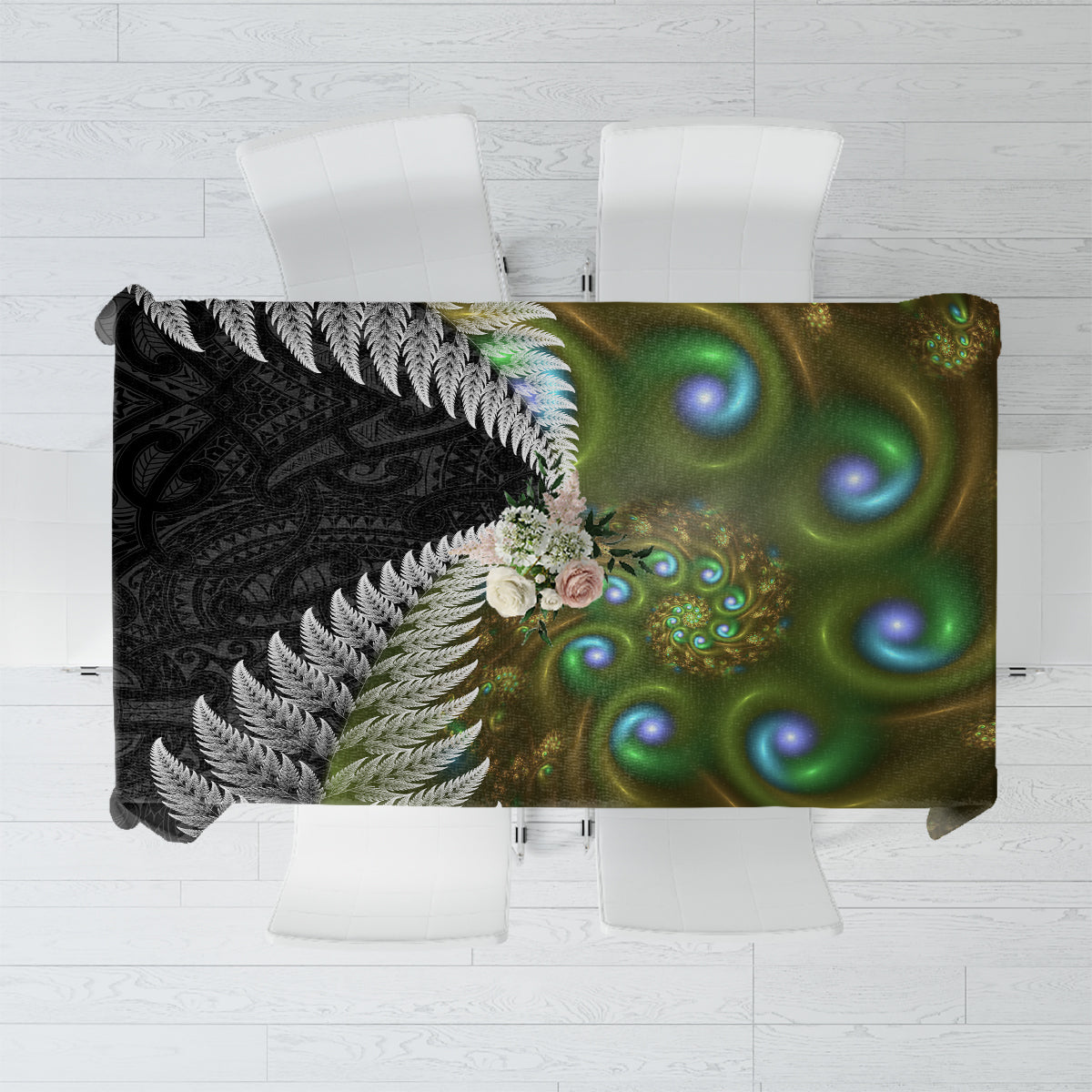 New Zealand Tablecloth Koru Abstract Art and Silver Fern Maori Pattern