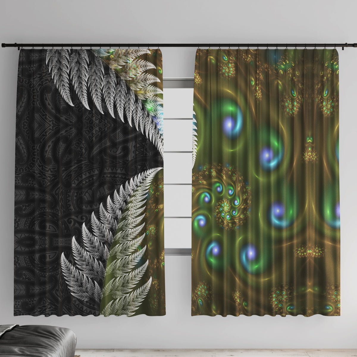 New Zealand Window Curtain Koru Abstract Art and Silver Fern Maori Pattern LT03 With Hooks Green - Polynesian Pride