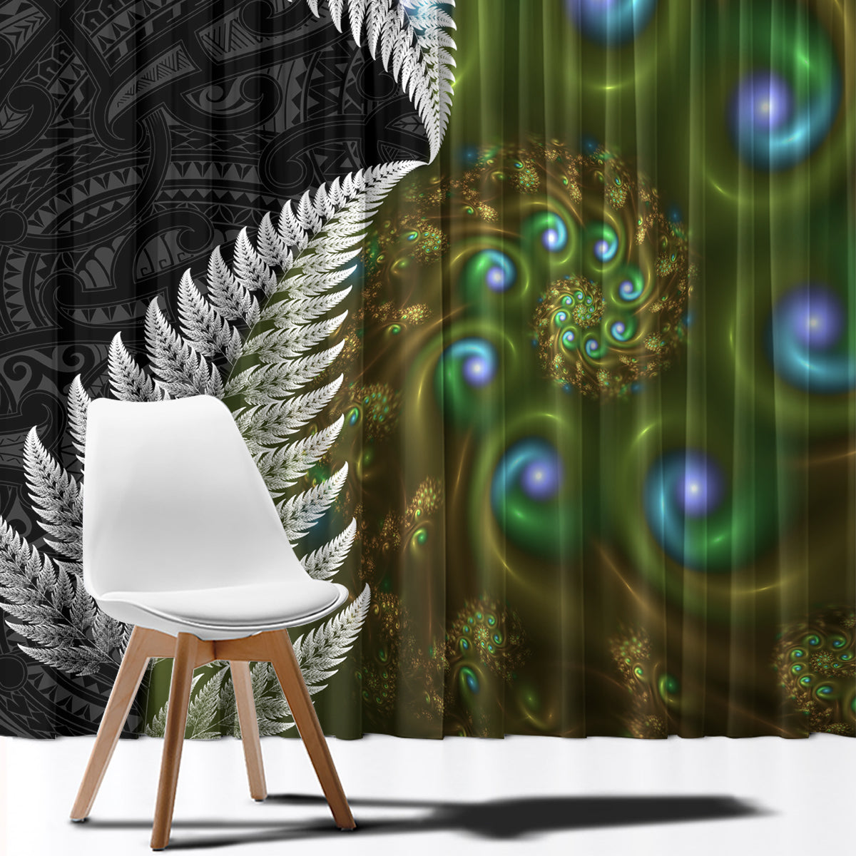 New Zealand Window Curtain Koru Abstract Art and Silver Fern Maori Pattern LT03 - Polynesian Pride
