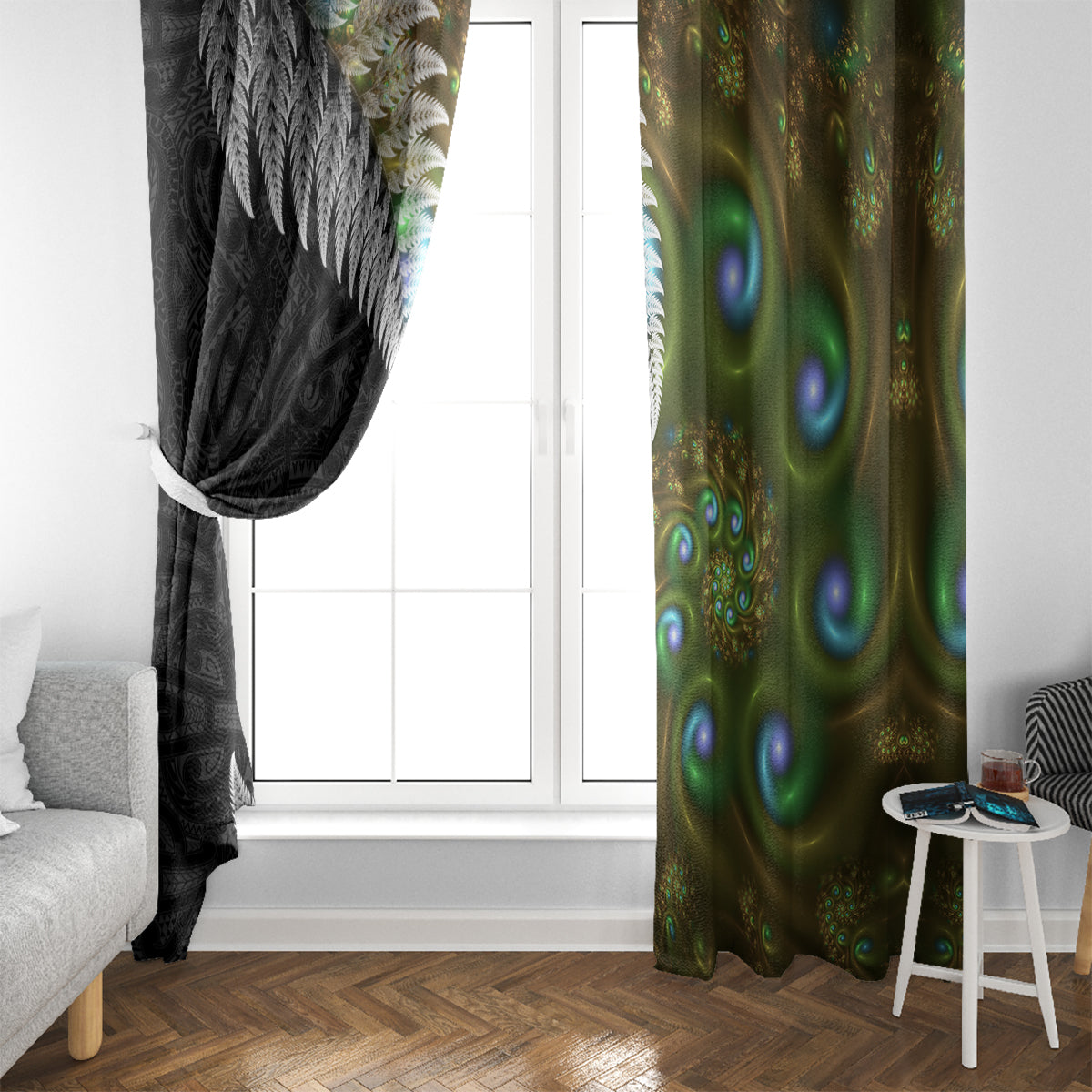 New Zealand Window Curtain Koru Abstract Art and Silver Fern Maori Pattern LT03 - Polynesian Pride