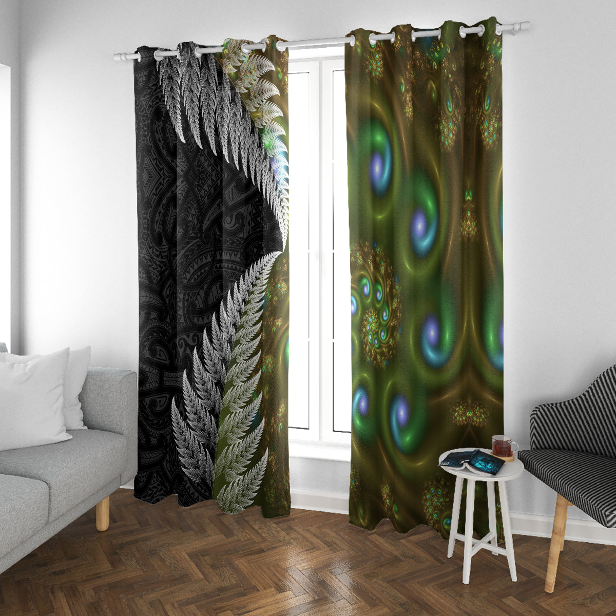 New Zealand Window Curtain Koru Abstract Art and Silver Fern Maori Pattern LT03 With Grommets Green - Polynesian Pride