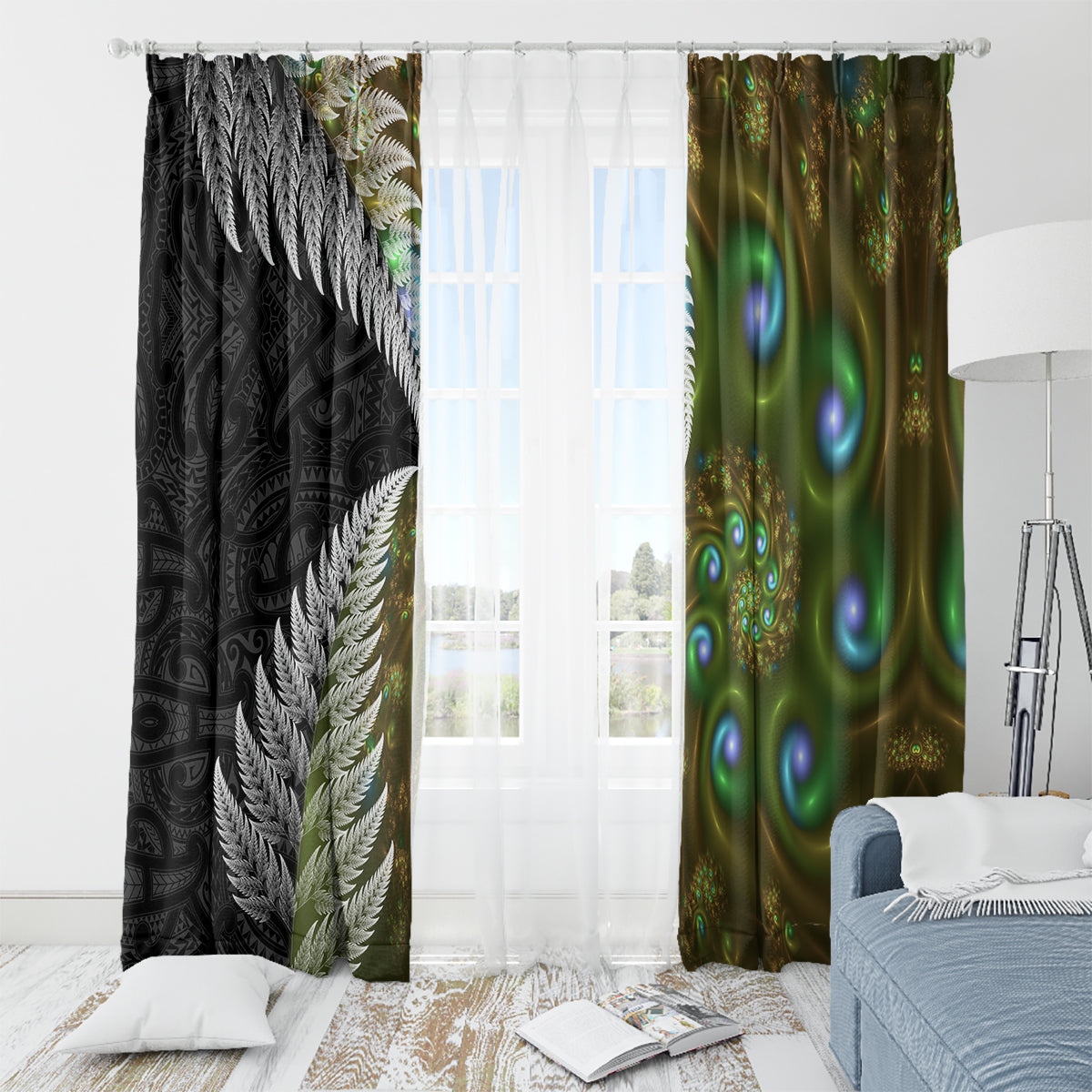 New Zealand Window Curtain Koru Abstract Art and Silver Fern Maori Pattern LT03 - Polynesian Pride