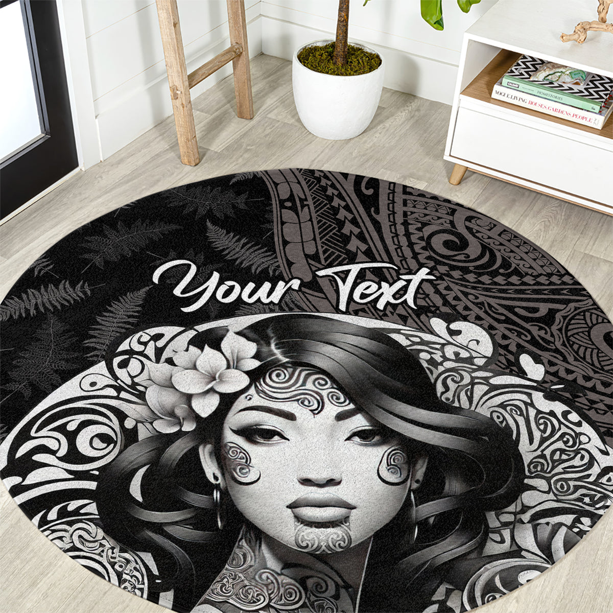 Custom New Zealand Women's Day Round Carpet Maori Tribal Girl and Silver Fern Pattern LT03 Black - Polynesian Pride