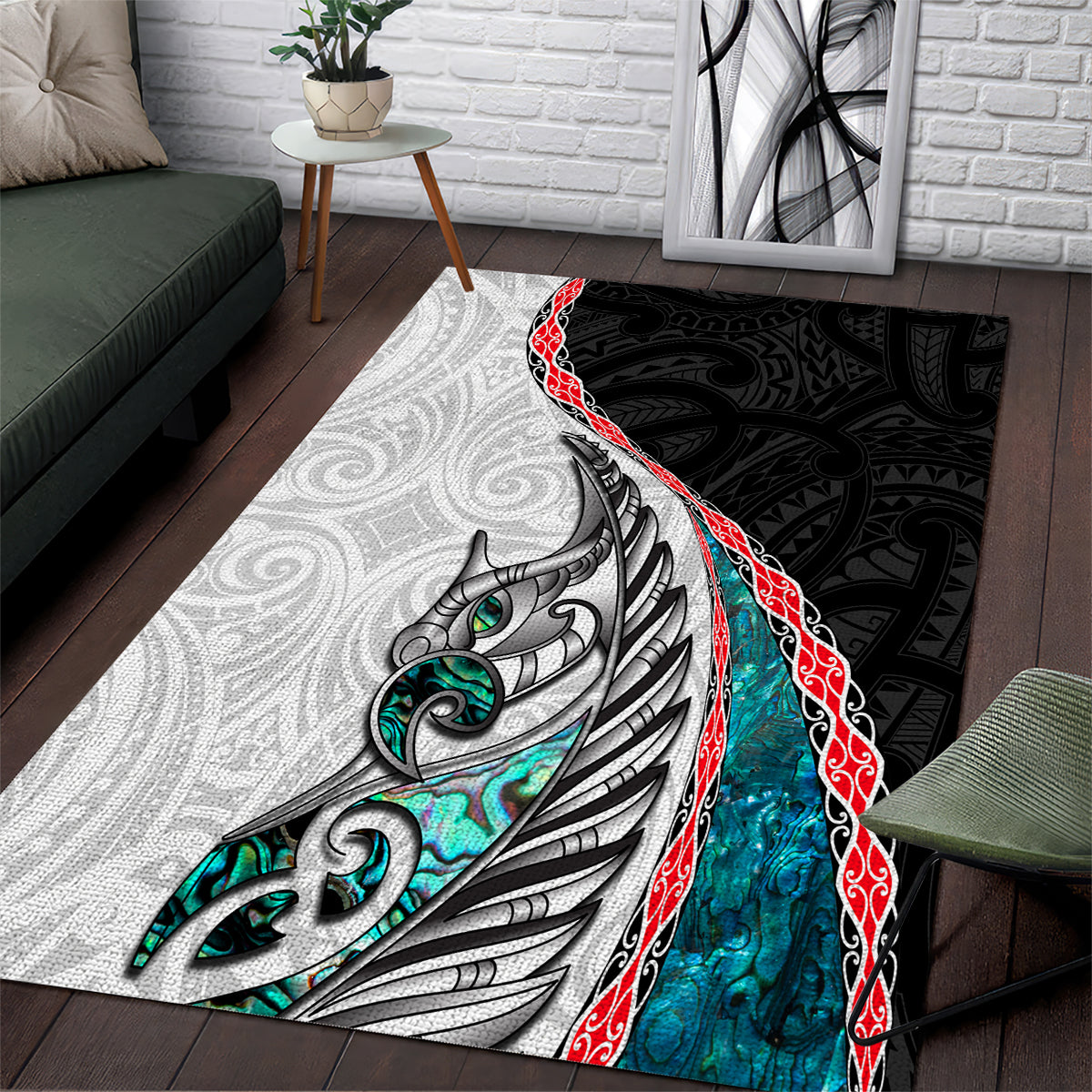 New Zealand Area Rug Manaia Fern and Koru Maori Pattern LT03 Black - Polynesian Pride