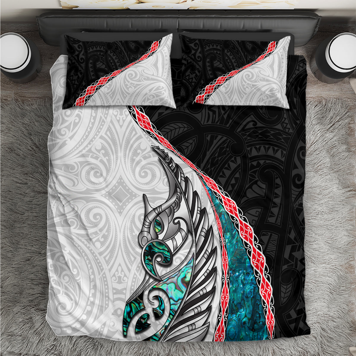 New Zealand Bedding Set Manaia Fern and Koru Maori Pattern LT03 Black - Polynesian Pride