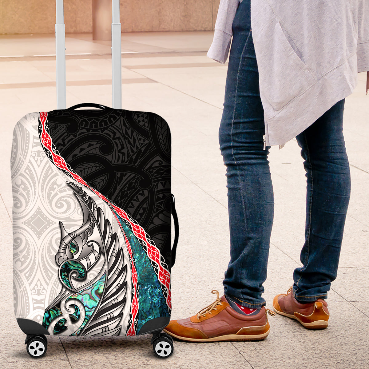 New Zealand Luggage Cover Manaia Fern and Koru Maori Pattern LT03 Black - Polynesian Pride