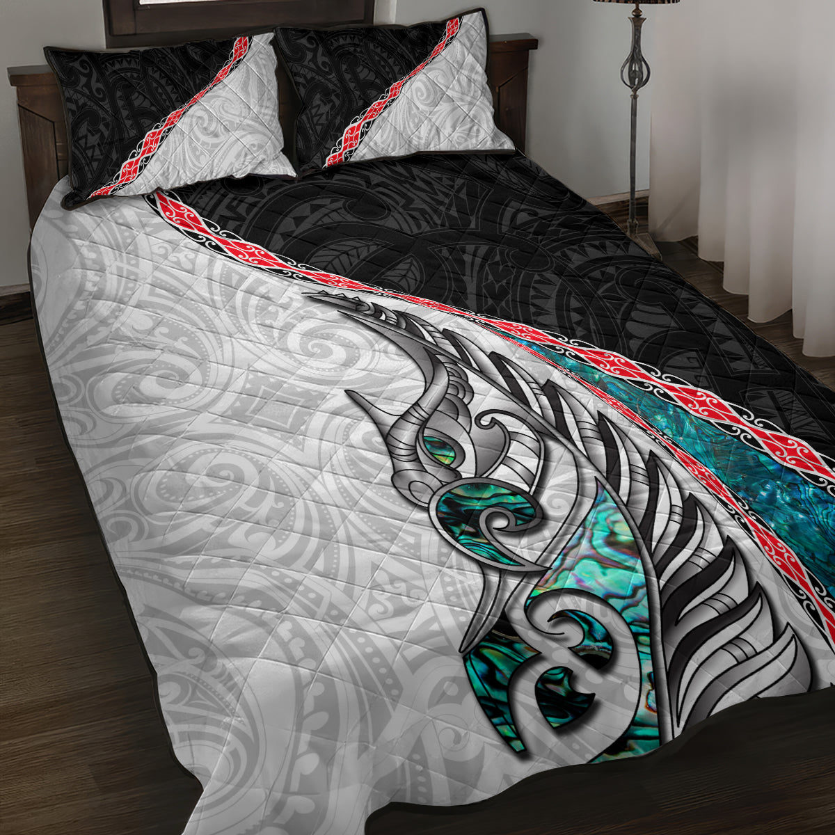 New Zealand Quilt Bed Set Manaia Fern and Koru Maori Pattern LT03 Black - Polynesian Pride