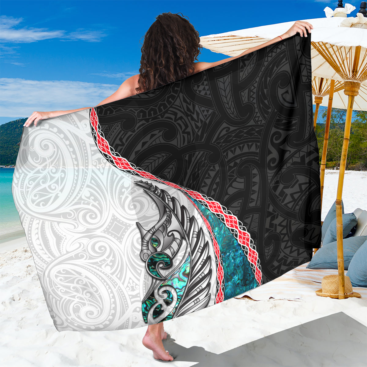 New Zealand Sarong Manaia Fern and Koru Maori Pattern LT03 One Size 44 x 66 inches Black - Polynesian Pride