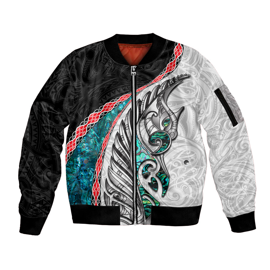 New Zealand Sleeve Zip Bomber Jacket Manaia Fern and Koru Maori Pattern LT03 Unisex Black - Polynesian Pride