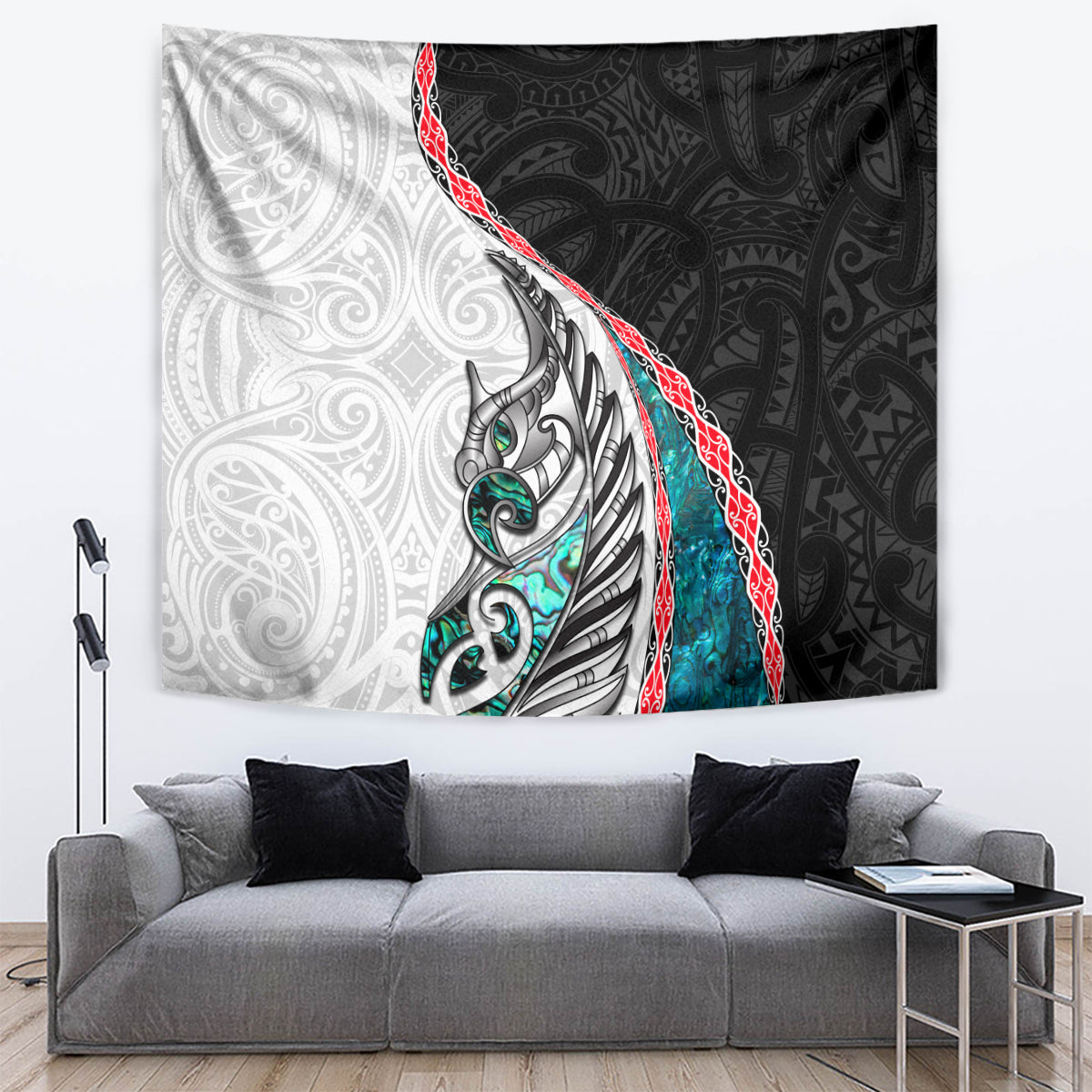 New Zealand Tapestry Manaia Fern and Koru Maori Pattern LT03 Black - Polynesian Pride