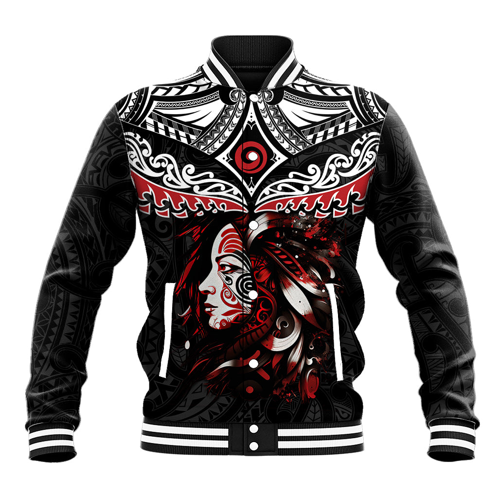 New Zealand Maori Girl Baseball Jacket Silver Fern and Koru Pattern LT03 Unisex Black - Polynesian Pride
