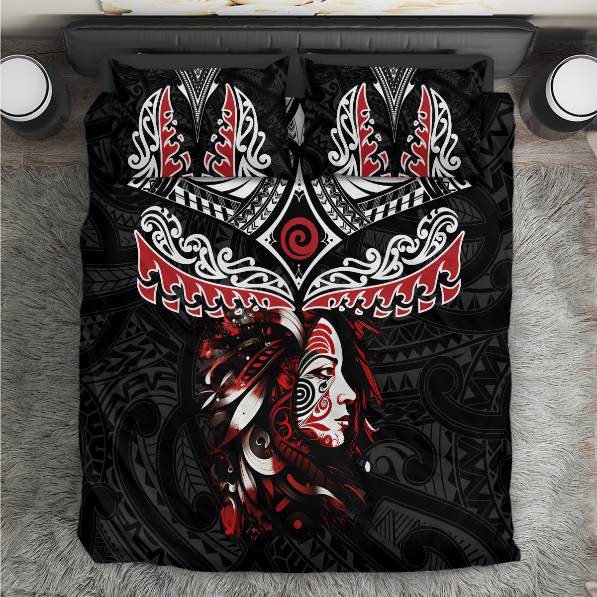 New Zealand Maori Girl Bedding Set Silver Fern and Koru Pattern LT03 Black - Polynesian Pride