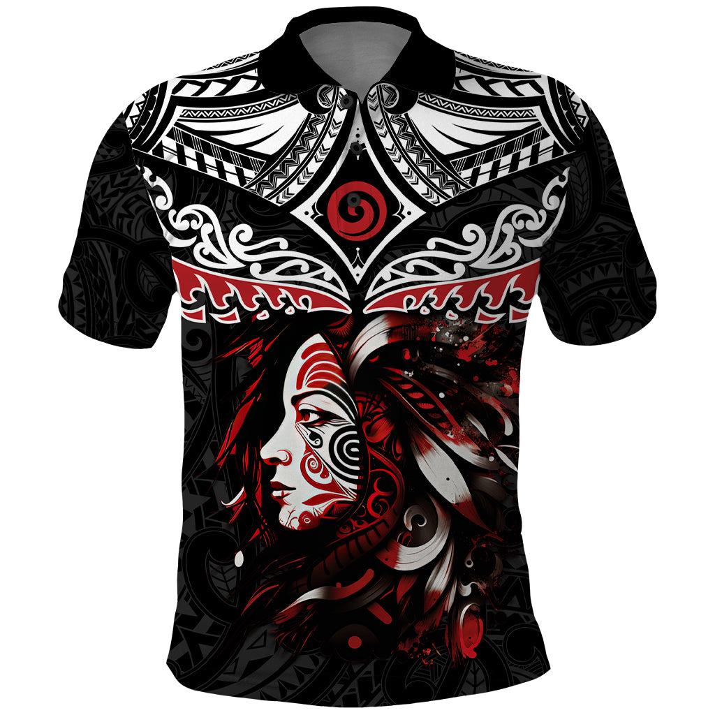 New Zealand Maori Girl Polo Shirt Silver Fern and Koru Pattern LT03 Black - Polynesian Pride