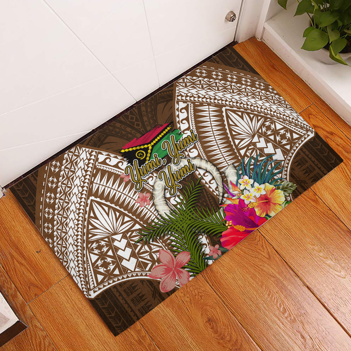 Vanuatu Selebretem 44th Indipendens Dei Rubber Doormat Yumi Pig Tusk and Namele Fern LT03 Brown - Polynesian Pride