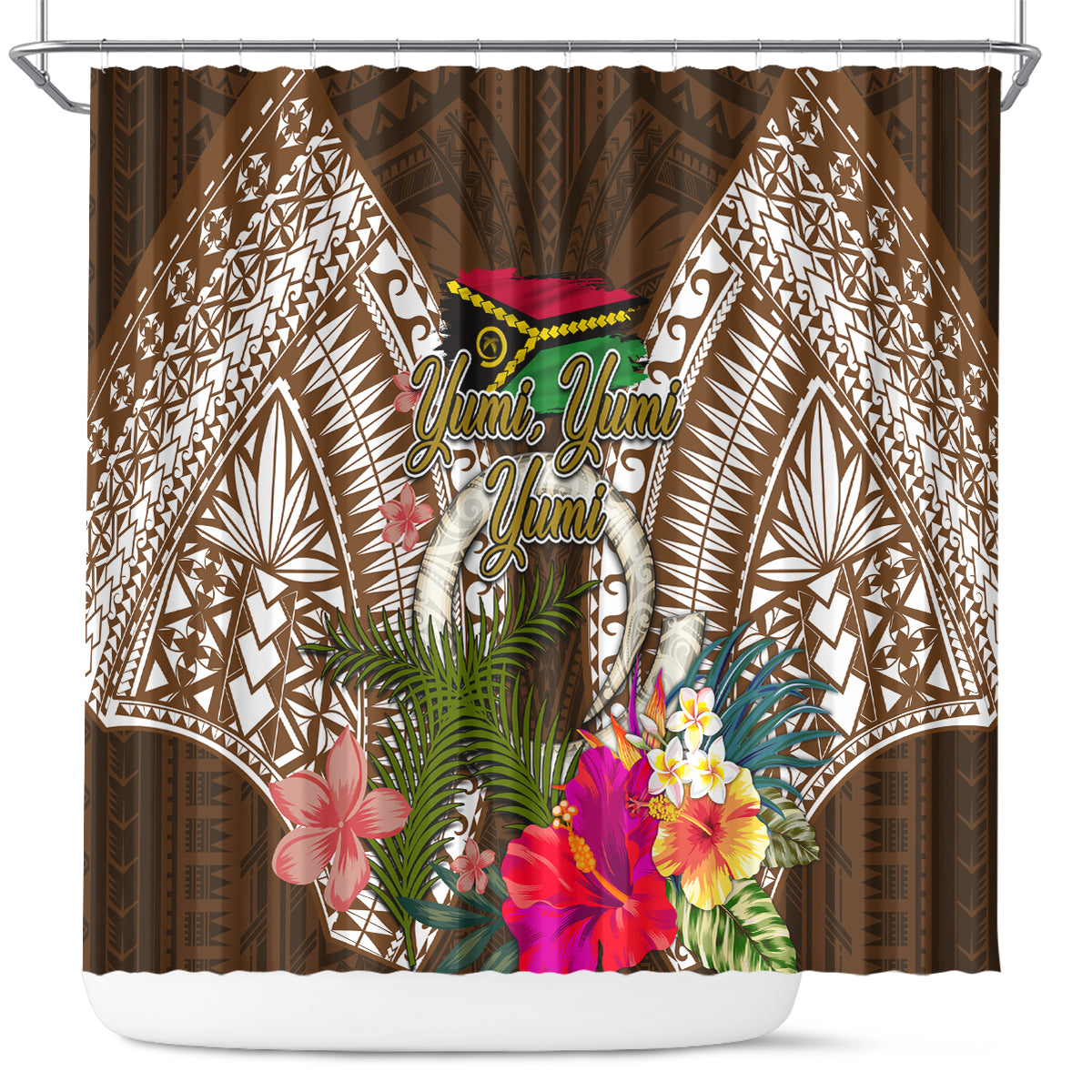 Vanuatu Selebretem 44th Indipendens Dei Shower Curtain Yumi Pig Tusk and Namele Fern LT03 Brown - Polynesian Pride
