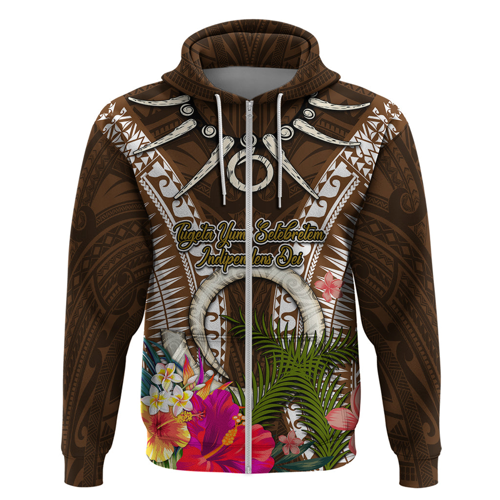 Vanuatu Selebretem 44th Indipendens Dei Zip Hoodie Yumi Pig Tusk and Namele Fern LT03 Zip Hoodie Brown - Polynesian Pride