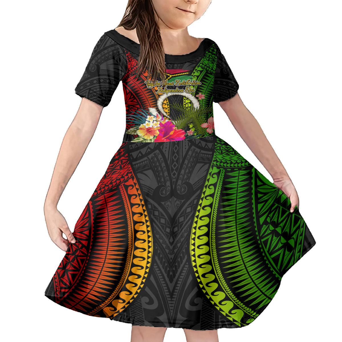 Vanuatu Independence Day Kid Short Sleeve Dress Tugeta Yumi Selebretem Indipendens Dei LT03 KID Black - Polynesian Pride