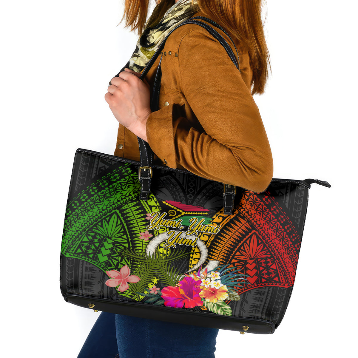 Vanuatu Independence Day Leather Tote Bag Tugeta Yumi Selebretem Indipendens Dei LT03 Black - Polynesian Pride