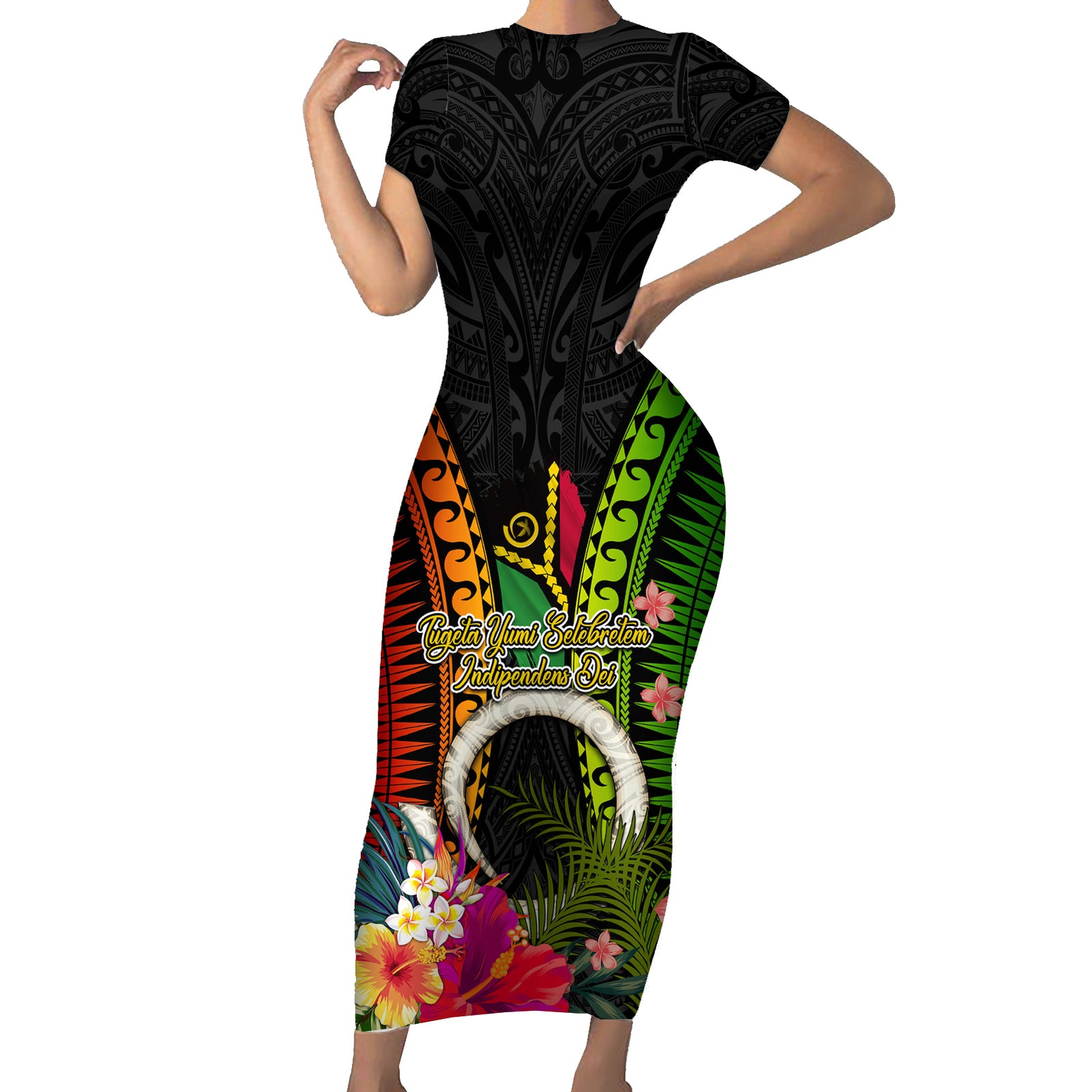 Vanuatu Independence Day Short Sleeve Bodycon Dress Tugeta Yumi Selebretem Indipendens Dei LT03 Long Dress Black - Polynesian Pride