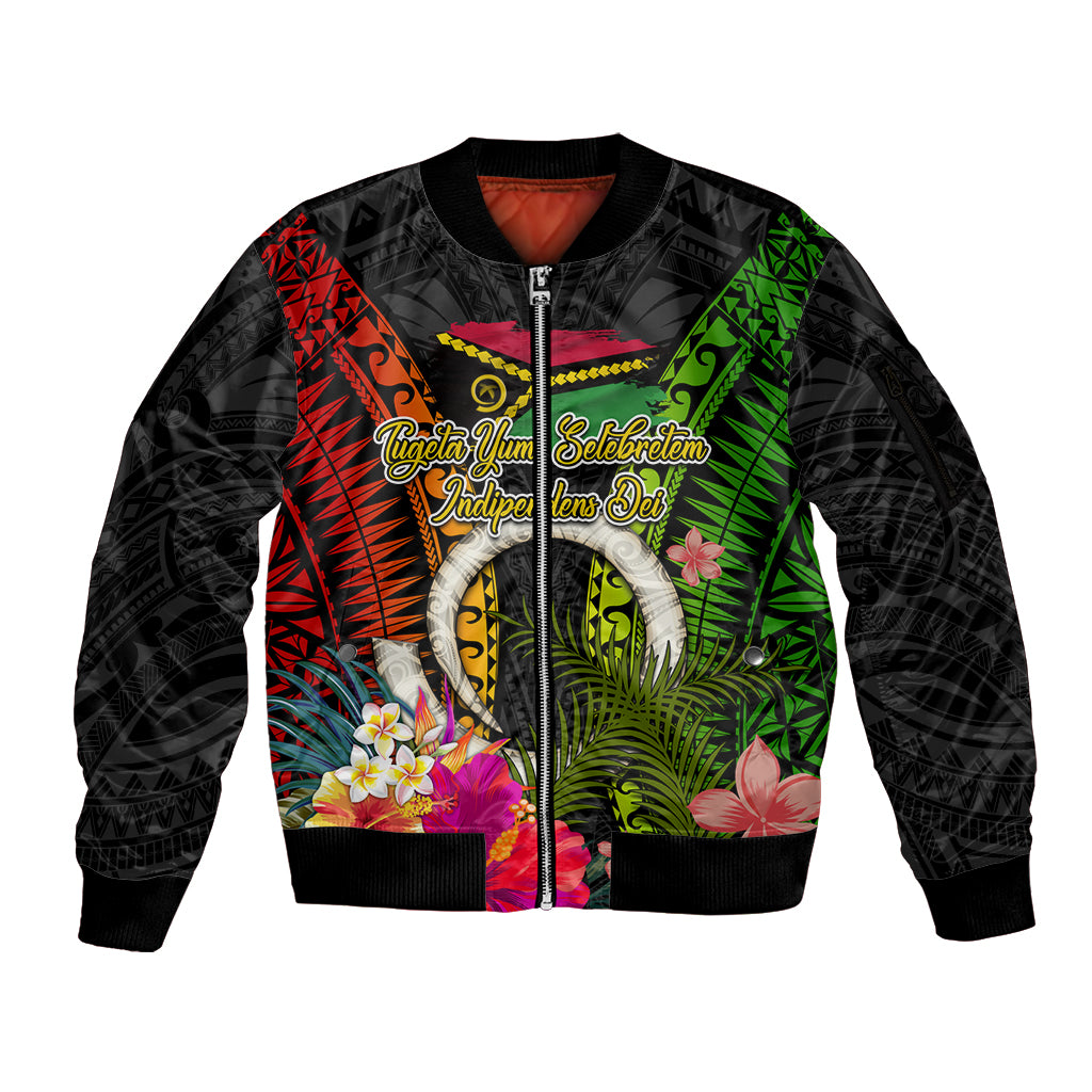 Vanuatu Independence Day Sleeve Zip Bomber Jacket Tugeta Yumi Selebretem Indipendens Dei LT03 Unisex Black - Polynesian Pride