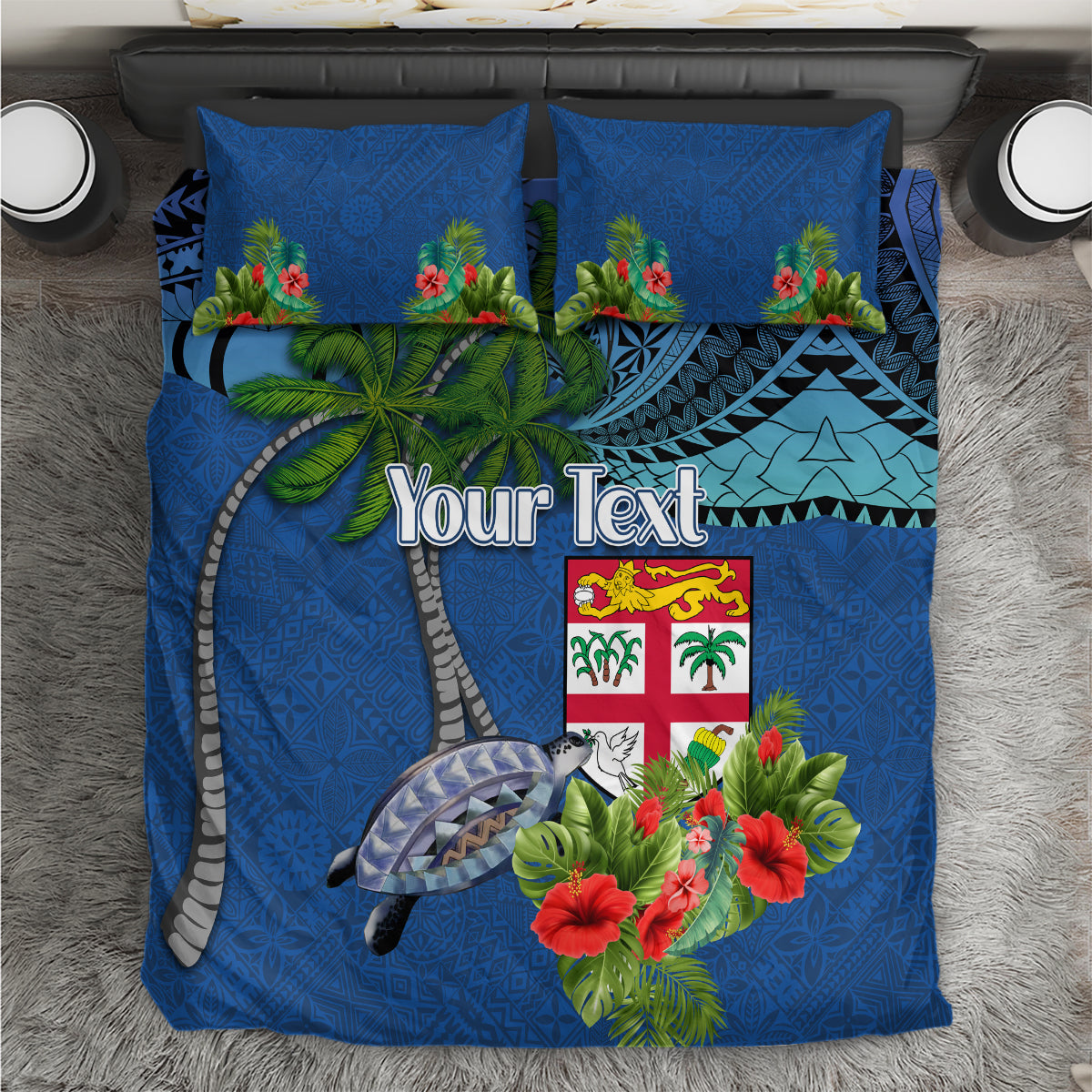 Personalised Fiji Independence Day Bedding Set Fijian Coat of Arms Palm and Hibiscus Tapa Pattern LT03 Blue - Polynesian Pride