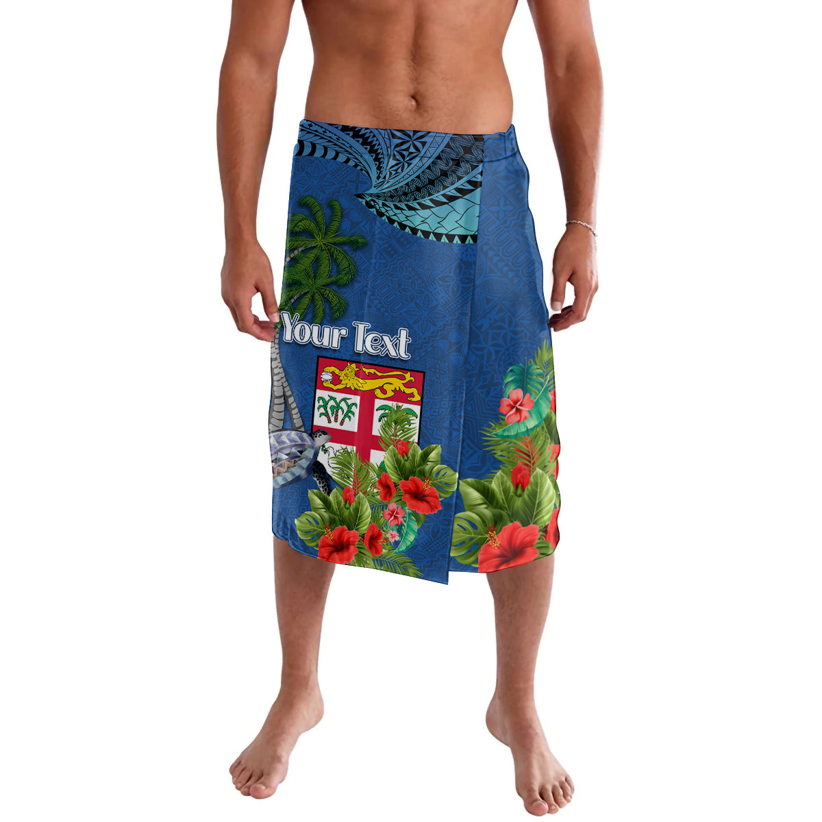 Personalised Fiji Independence Day Lavalava Fijian Coat of Arms Palm and Hibiscus Tapa Pattern LT03 Blue - Polynesian Pride