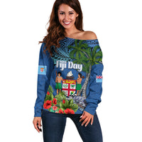 Personalised Fiji Independence Day Off Shoulder Sweater Fijian Coat of Arms Palm and Hibiscus Tapa Pattern LT03 Women Blue - Polynesian Pride