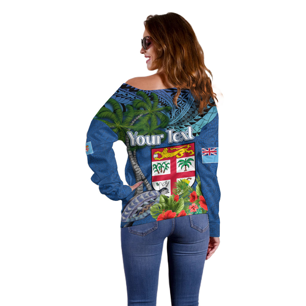 Personalised Fiji Independence Day Off Shoulder Sweater Fijian Coat of Arms Palm and Hibiscus Tapa Pattern LT03 - Polynesian Pride