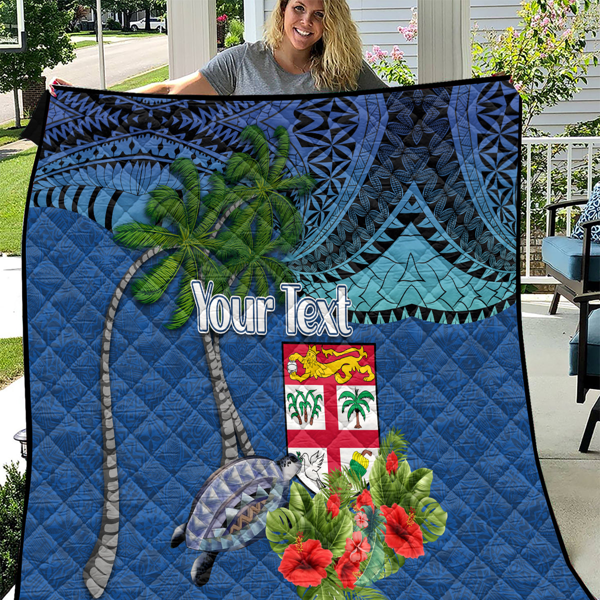 Personalised Fiji Independence Day Quilt Fijian Coat of Arms Palm and Hibiscus Tapa Pattern