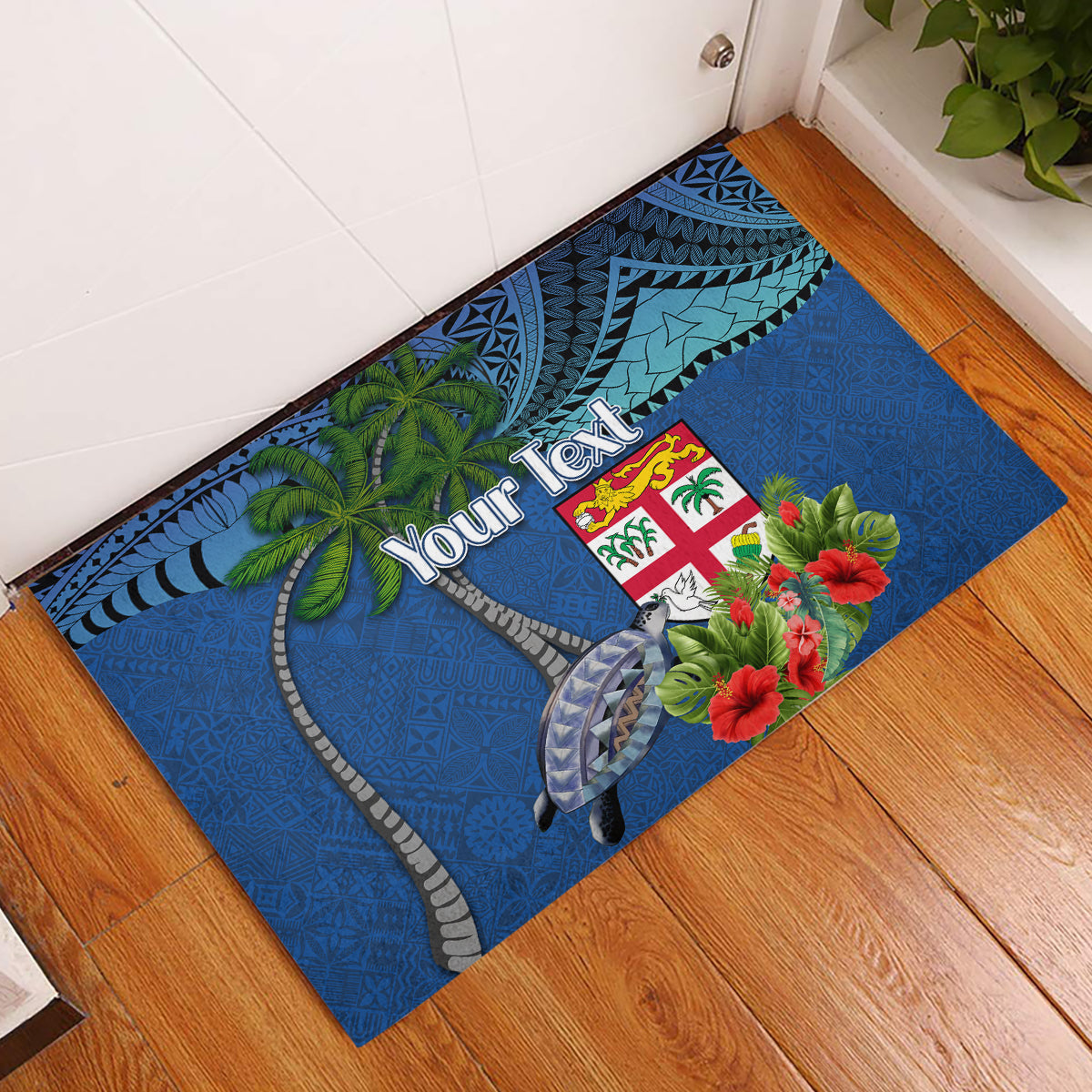 Personalised Fiji Independence Day Rubber Doormat Fijian Coat of Arms Palm and Hibiscus Tapa Pattern LT03 Blue - Polynesian Pride