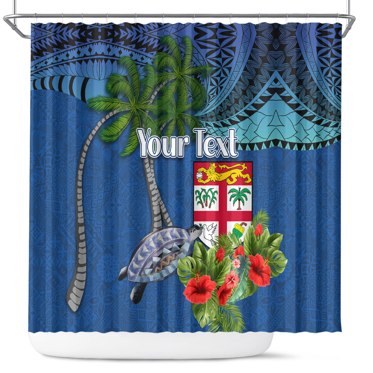 Personalised Fiji Independence Day Shower Curtain Fijian Coat of Arms Palm and Hibiscus Tapa Pattern