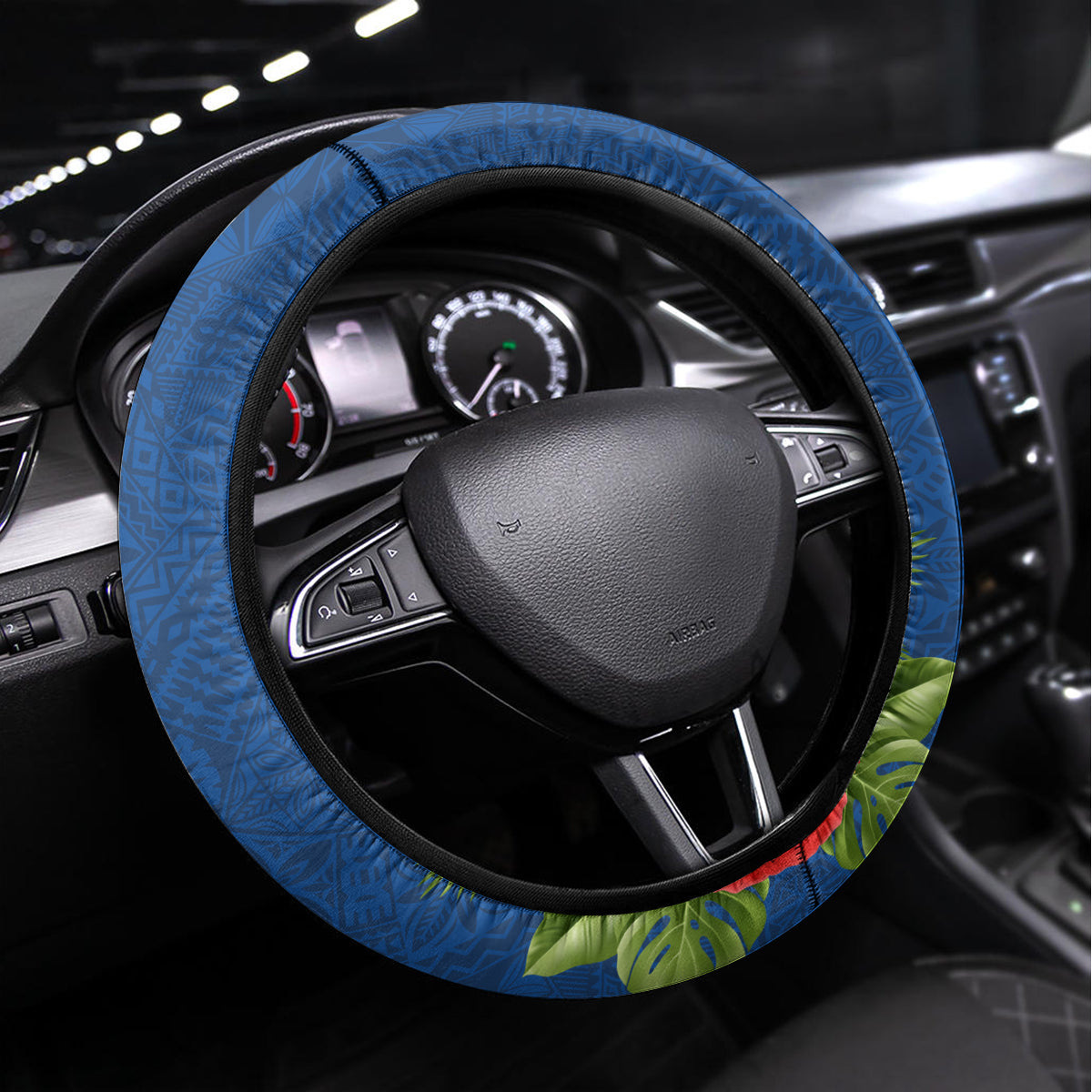 Fiji Independence Day Steering Wheel Cover Fijian Coat of Arms Palm and Hibiscus Tapa Pattern