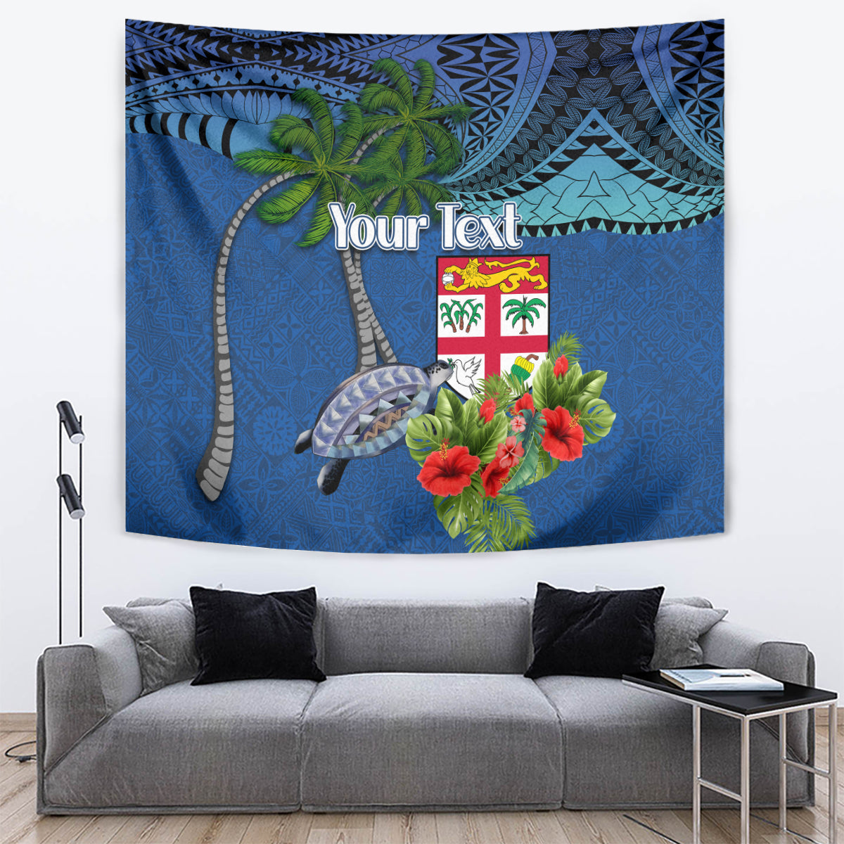 Personalised Fiji Independence Day Tapestry Fijian Coat of Arms Palm and Hibiscus Tapa Pattern LT03 Blue - Polynesian Pride