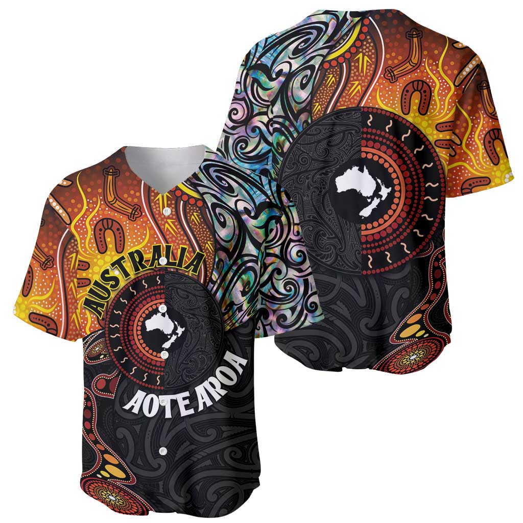 New Zealand and Australia Together Baseball Jersey Maori Tattoo Paua Shell mix Aboriginal Pattern LT03 - Polynesian Pride
