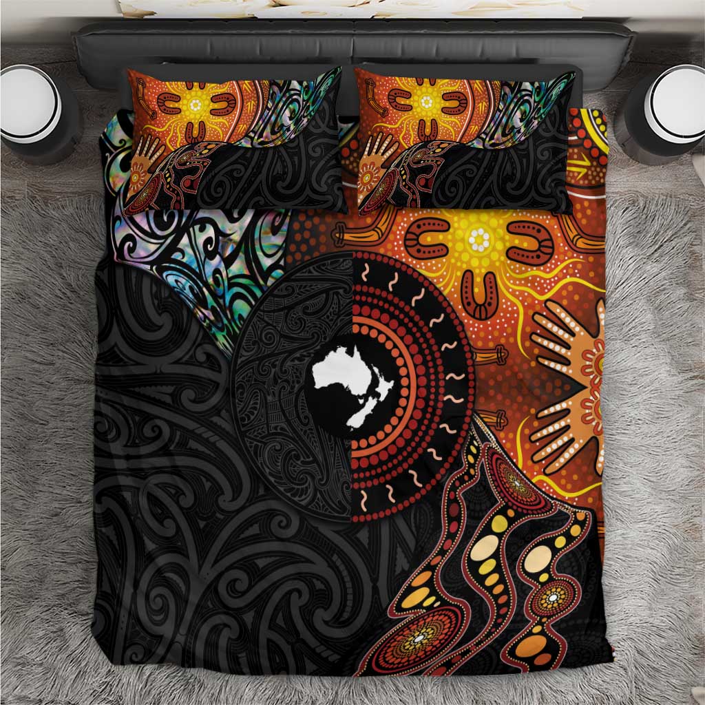 New Zealand and Australia Together Bedding Set Maori Tattoo Paua Shell mix Aboriginal Pattern LT03 Black - Polynesian Pride