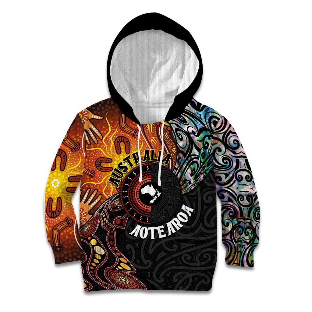 New Zealand and Australia Together Kid Hoodie Maori Tattoo Paua Shell mix Aboriginal Pattern LT03 Hoodie Black - Polynesian Pride