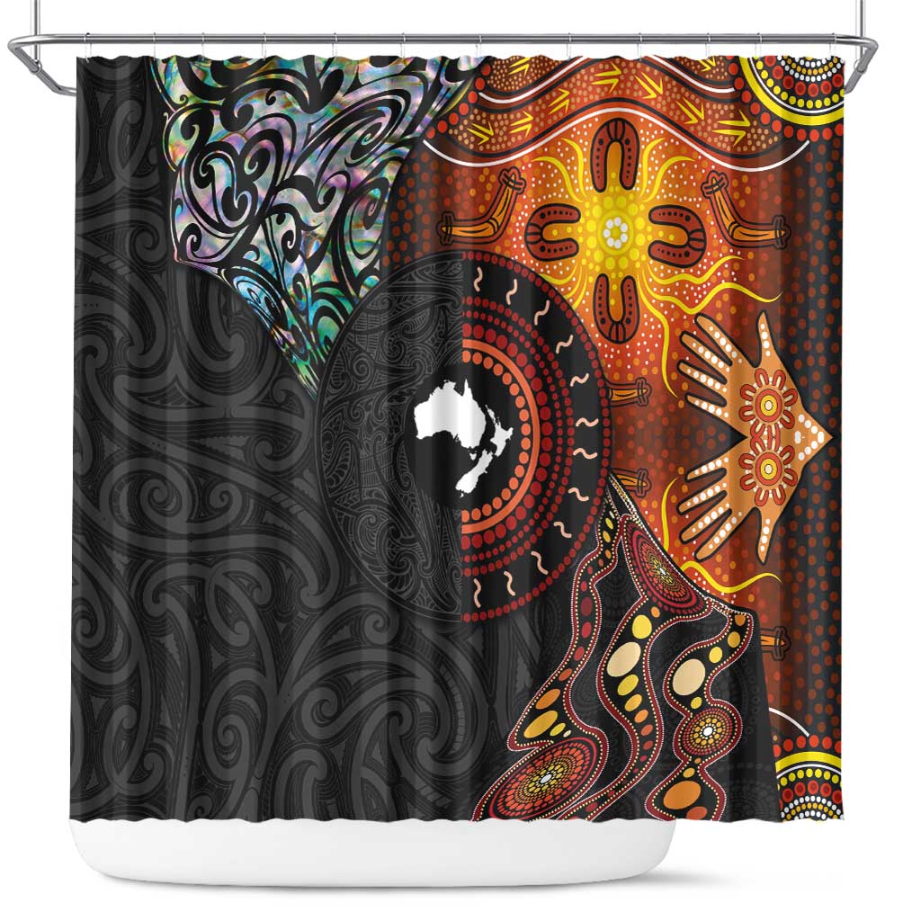 New Zealand and Australia Together Shower Curtain Maori Tattoo Paua Shell mix Aboriginal Pattern