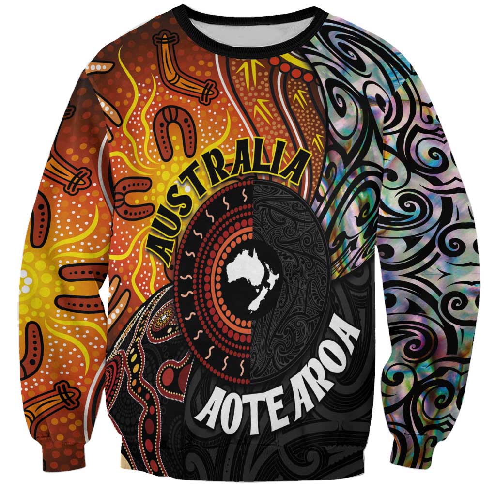 New Zealand and Australia Together Sweatshirt Maori Tattoo Paua Shell mix Aboriginal Pattern LT03 Unisex Black - Polynesian Pride