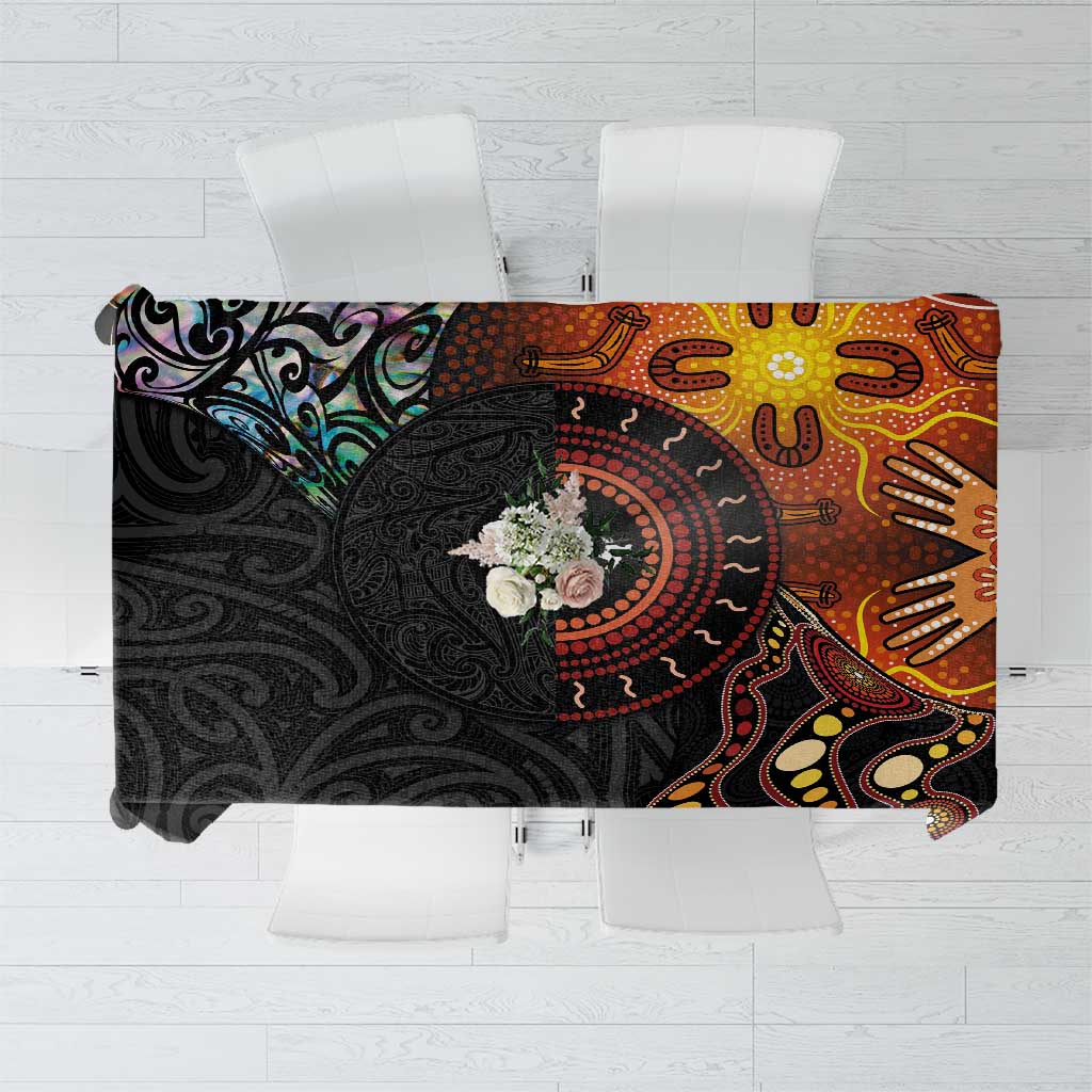 New Zealand and Australia Together Tablecloth Maori Tattoo Paua Shell mix Aboriginal Pattern LT03 Black - Polynesian Pride