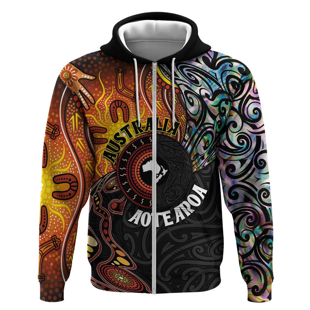 New Zealand and Australia Together Zip Hoodie Maori Tattoo Paua Shell mix Aboriginal Pattern