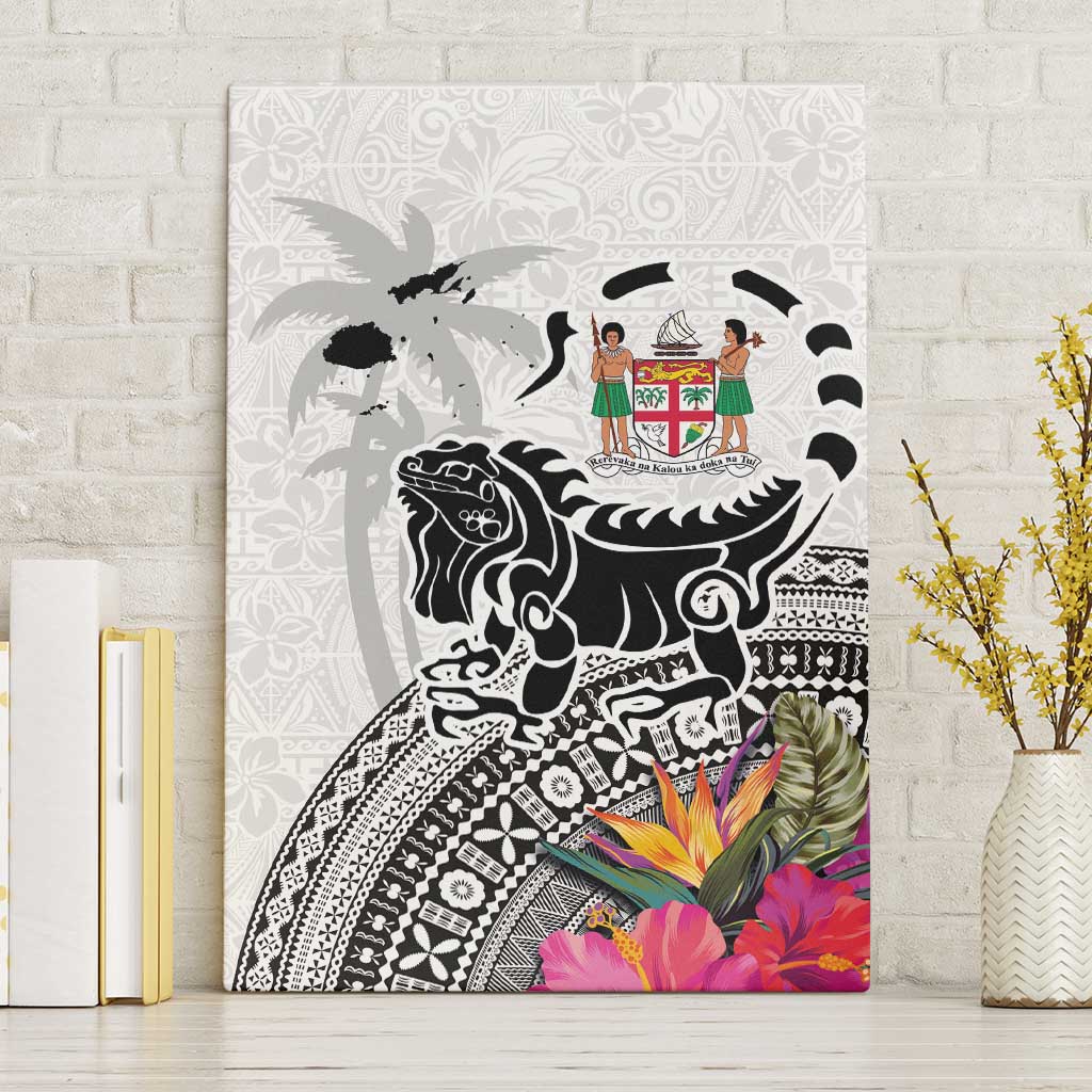 Fiji Iguana Canvas Wall Art Tapa Tribal Tattoo and Hibiscus LT03 Without Frame White - Polynesian Pride
