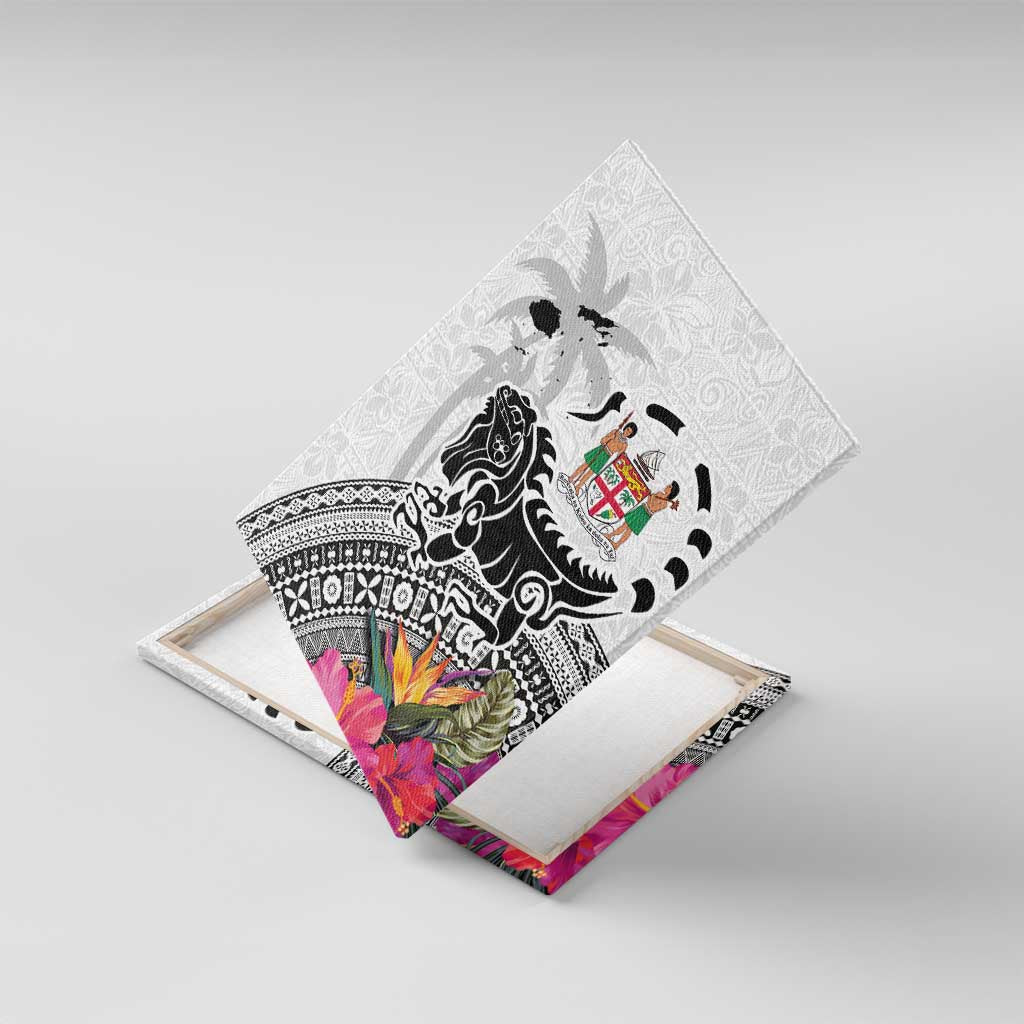 Fiji Iguana Canvas Wall Art Tapa Tribal Tattoo and Hibiscus LT03 With Frame White - Polynesian Pride