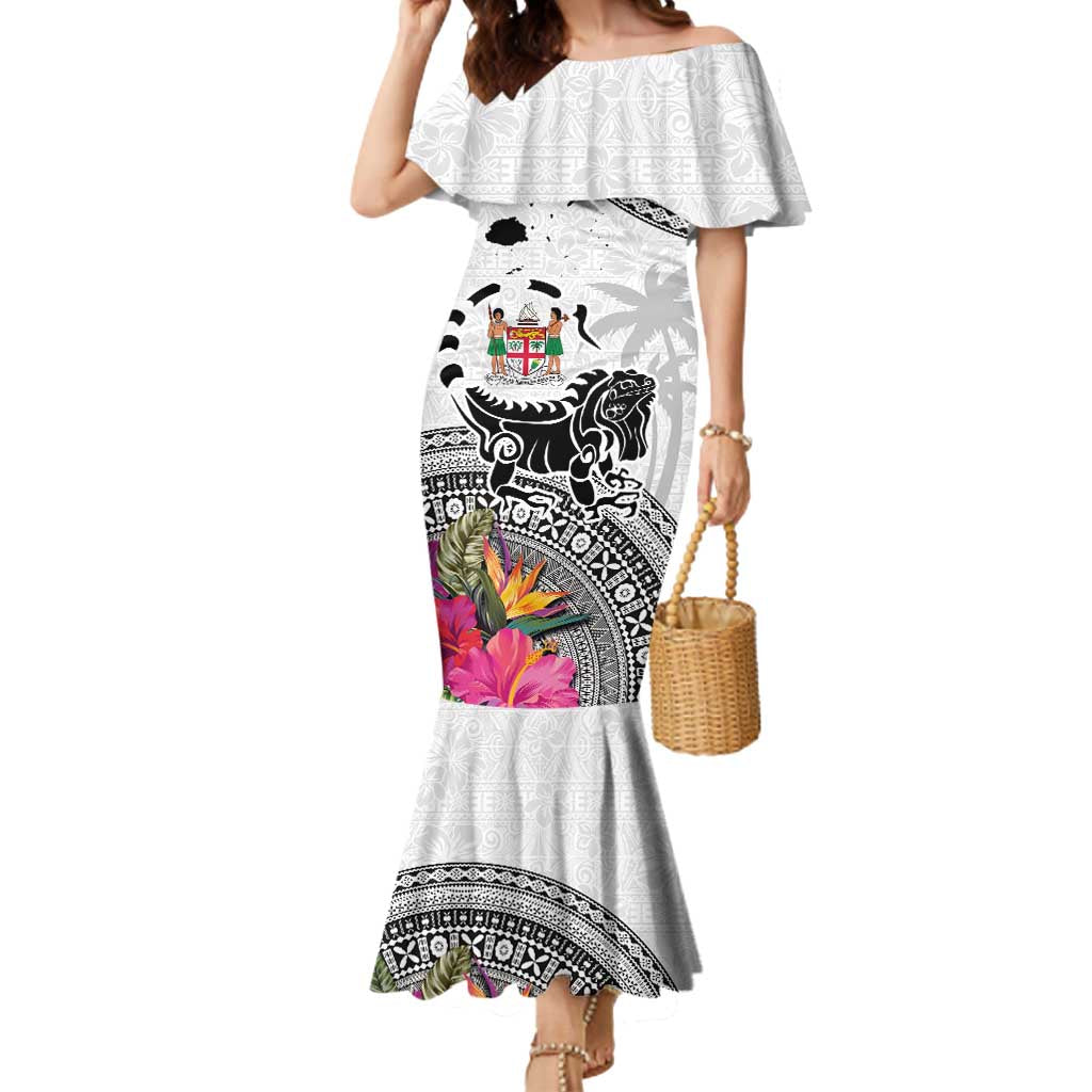 Fiji Iguana Mermaid Dress Tapa Tribal Tattoo and Hibiscus LT03 Women White - Polynesian Pride