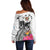 Fiji Iguana Off Shoulder Sweater Tapa Tribal Tattoo and Hibiscus