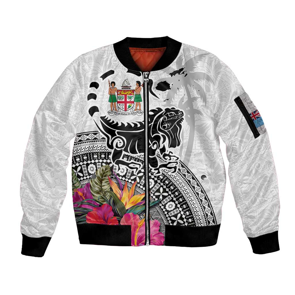 Fiji Iguana Sleeve Zip Bomber Jacket Tapa Tribal Tattoo and Hibiscus LT03 Unisex White - Polynesian Pride