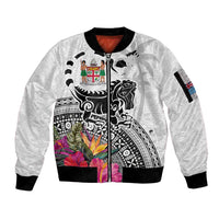 Fiji Iguana Sleeve Zip Bomber Jacket Tapa Tribal Tattoo and Hibiscus LT03 Unisex White - Polynesian Pride